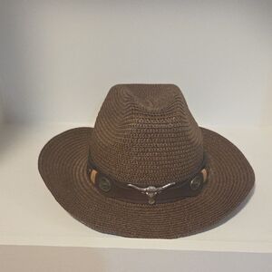Brown Woven Cowboy Hat with Bull Accent  NWOT